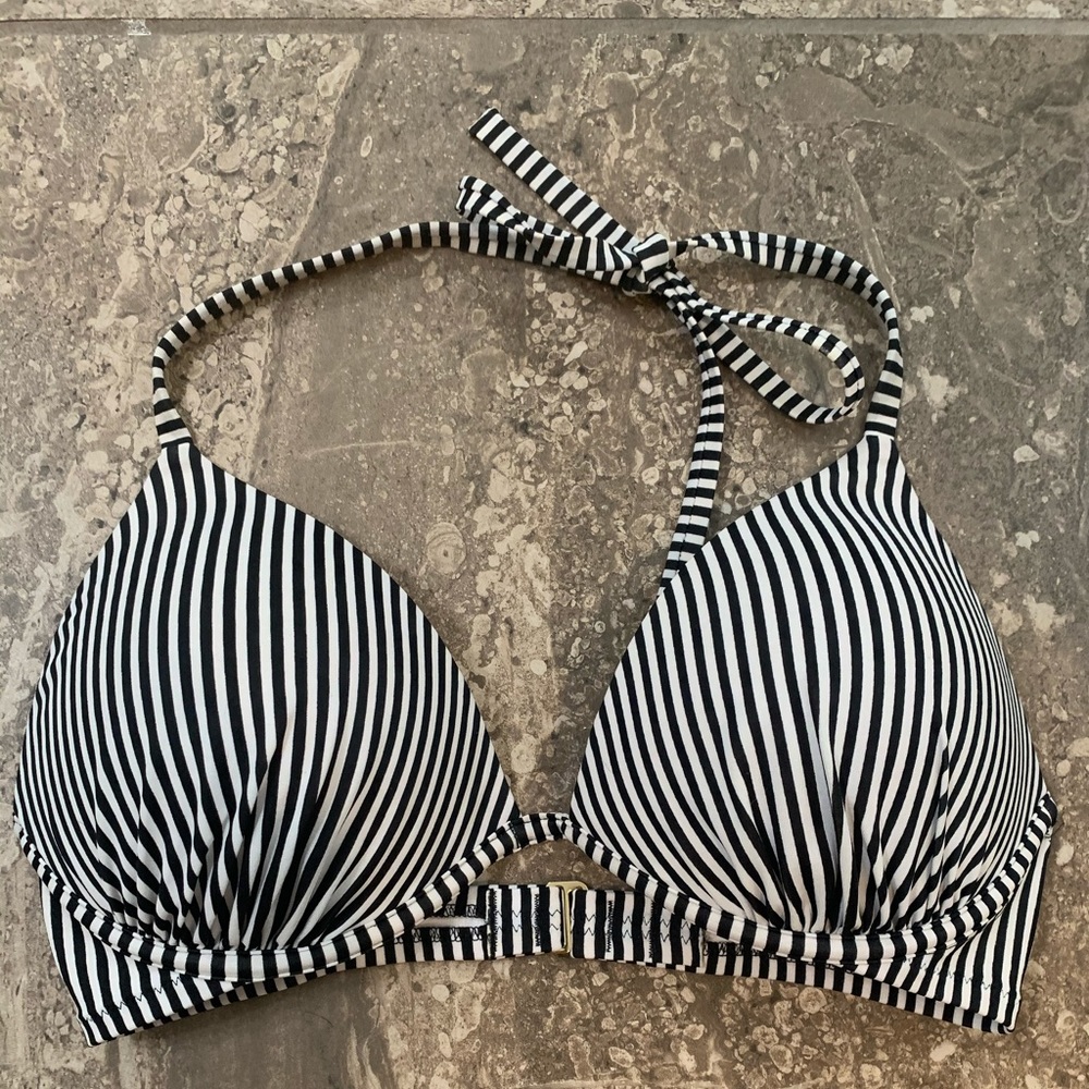 Black and white stripe push up halter bikini top